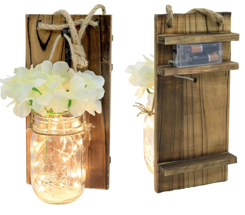 Greenco GRC2859 Wall Hung Mason Jar Sconce with Faux Flower and Led Strip Lights, Rustic - Image 3